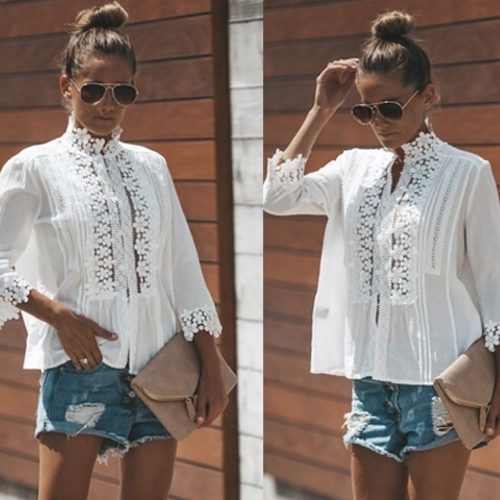 💃🏻Boho Floral Ruffle Button up lace top - Picture 2 of 14